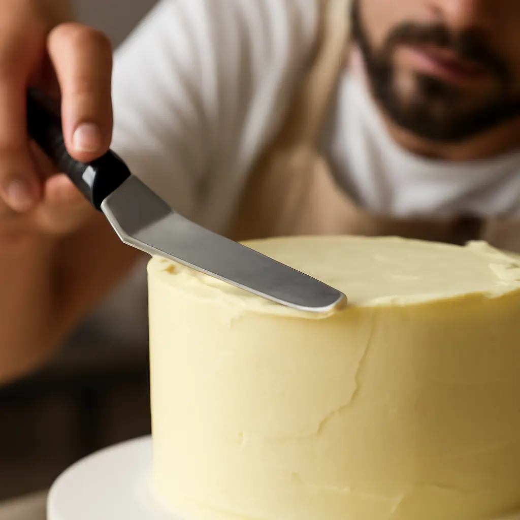 Baker smoothing silky buttercream on a cake
