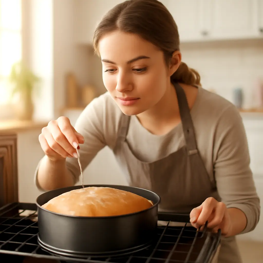 Home baker checking cake doneness with a toothpick in a bright modern kitchen