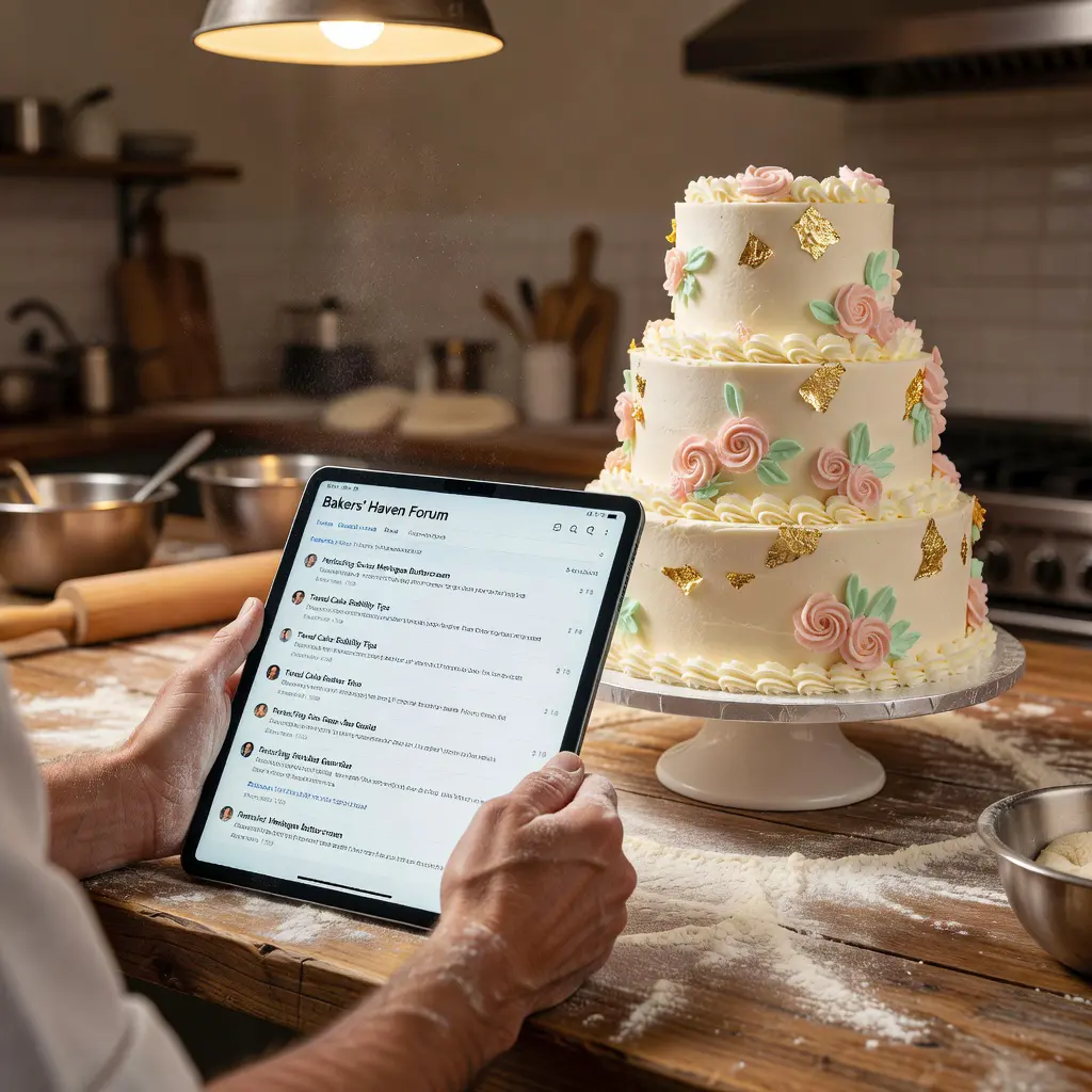 A baker scrolling through a cake decorating forum on a tablet, with an elaborately decorated celebration cake visible on the kitchen counter beside them