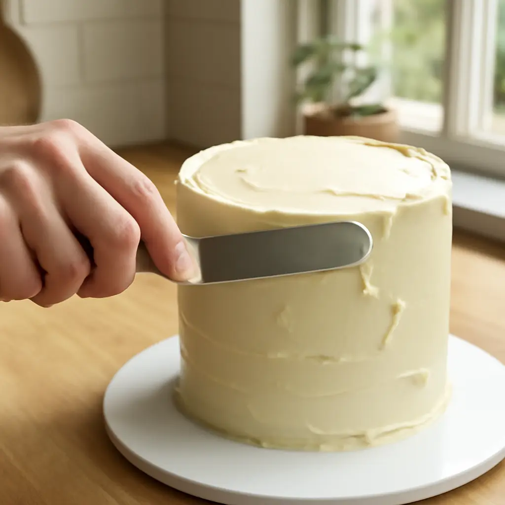 Spatula smoothing creamy buttercream on a cake