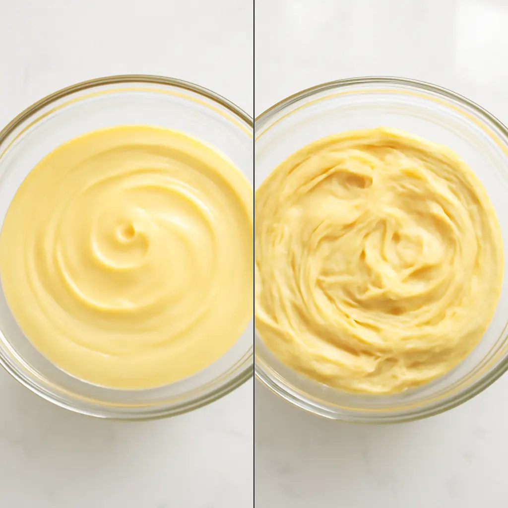 Side-by-side comparison of properly mixed and overmixed cake batter showing different textures