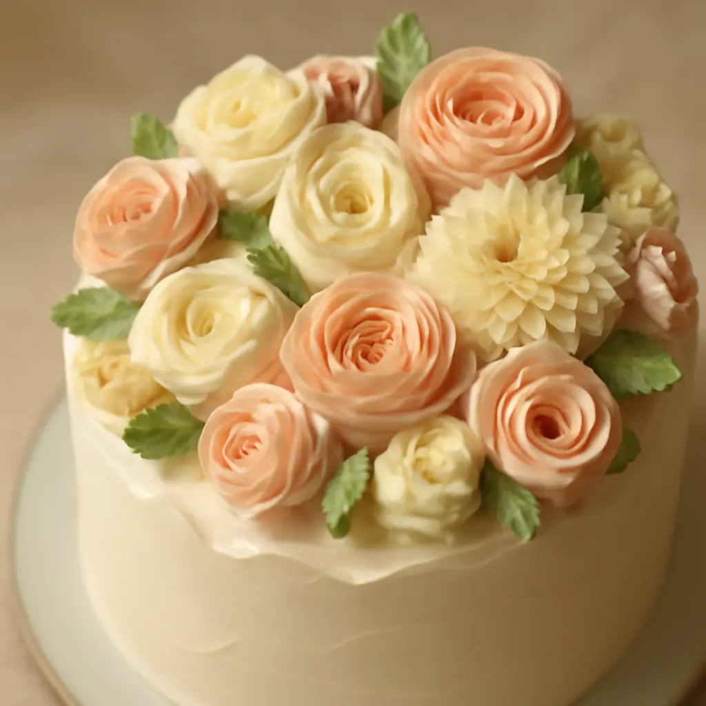 Close-up of a home-decorated cake with smooth buttercream and piped flowers