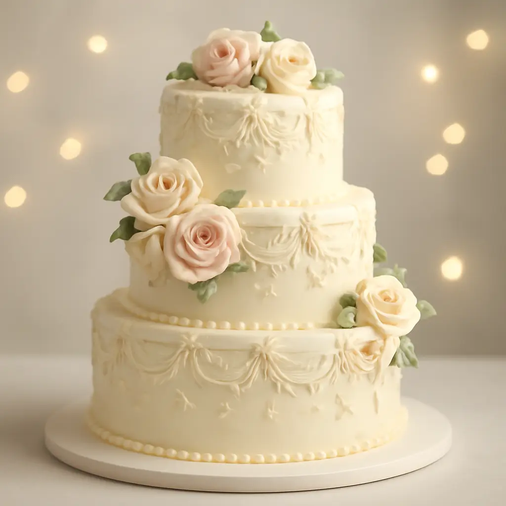 Tiered decorated cake with intricate piping and sugar flowers displayed on a table