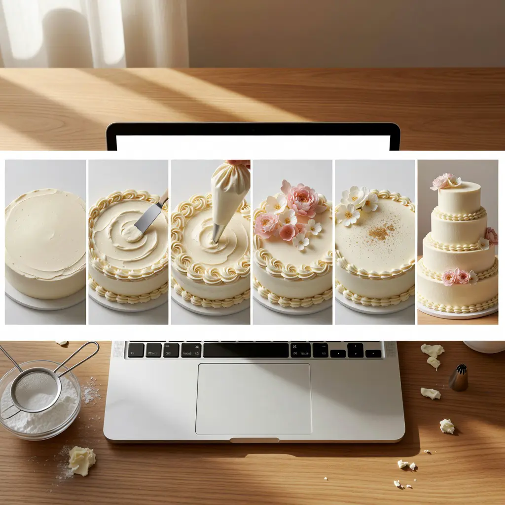 Overhead view of a computer screen displaying a step-by-step cake decorating tutorial shared by an experienced baker in an online community