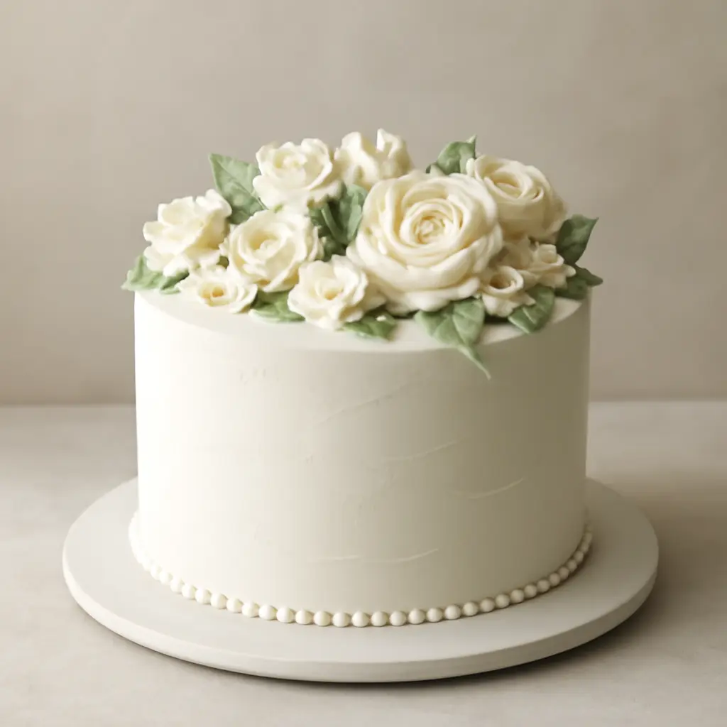Finished cake with buttercream flowers White buttercream cake with piped buttercream flowers and smooth sides