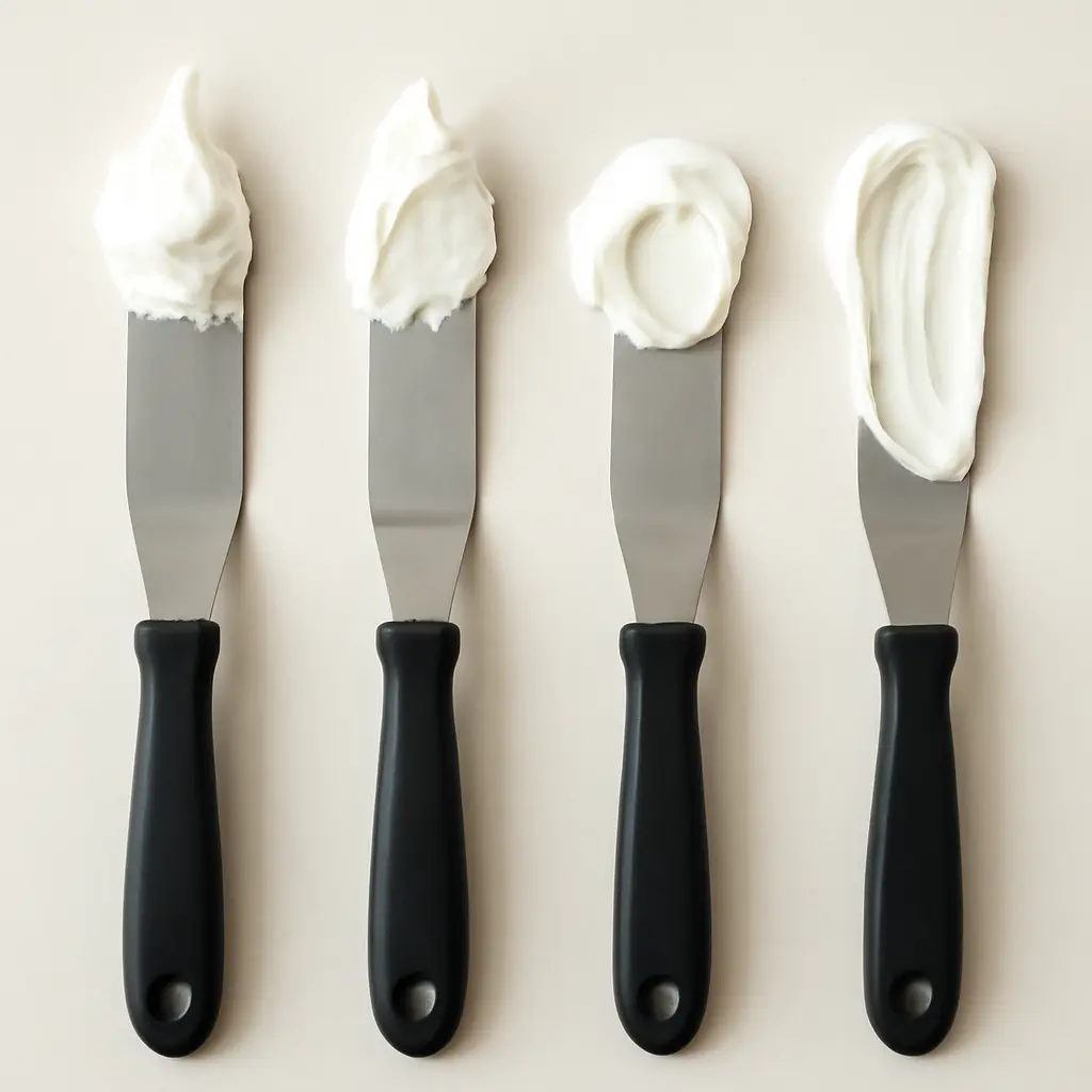 Various frosting consistencies on spatulas