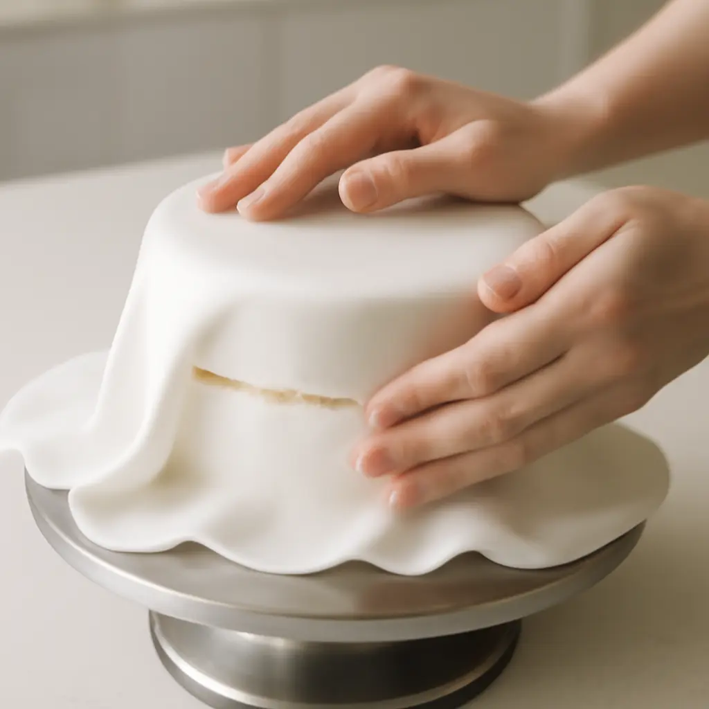 Smooth white marshmallow fondant draped over a round layered cake on a turntable