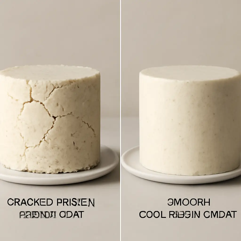 Two cakes side by side showing incorrect frozen crumb coat and correct cool-room crumb coat