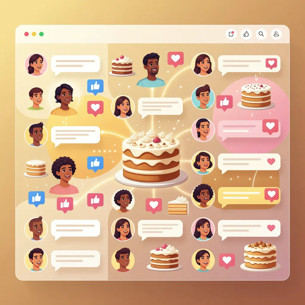 A thriving online cake community with diverse members sharing photos, discussing techniques, and engaging across multiple forum sections
