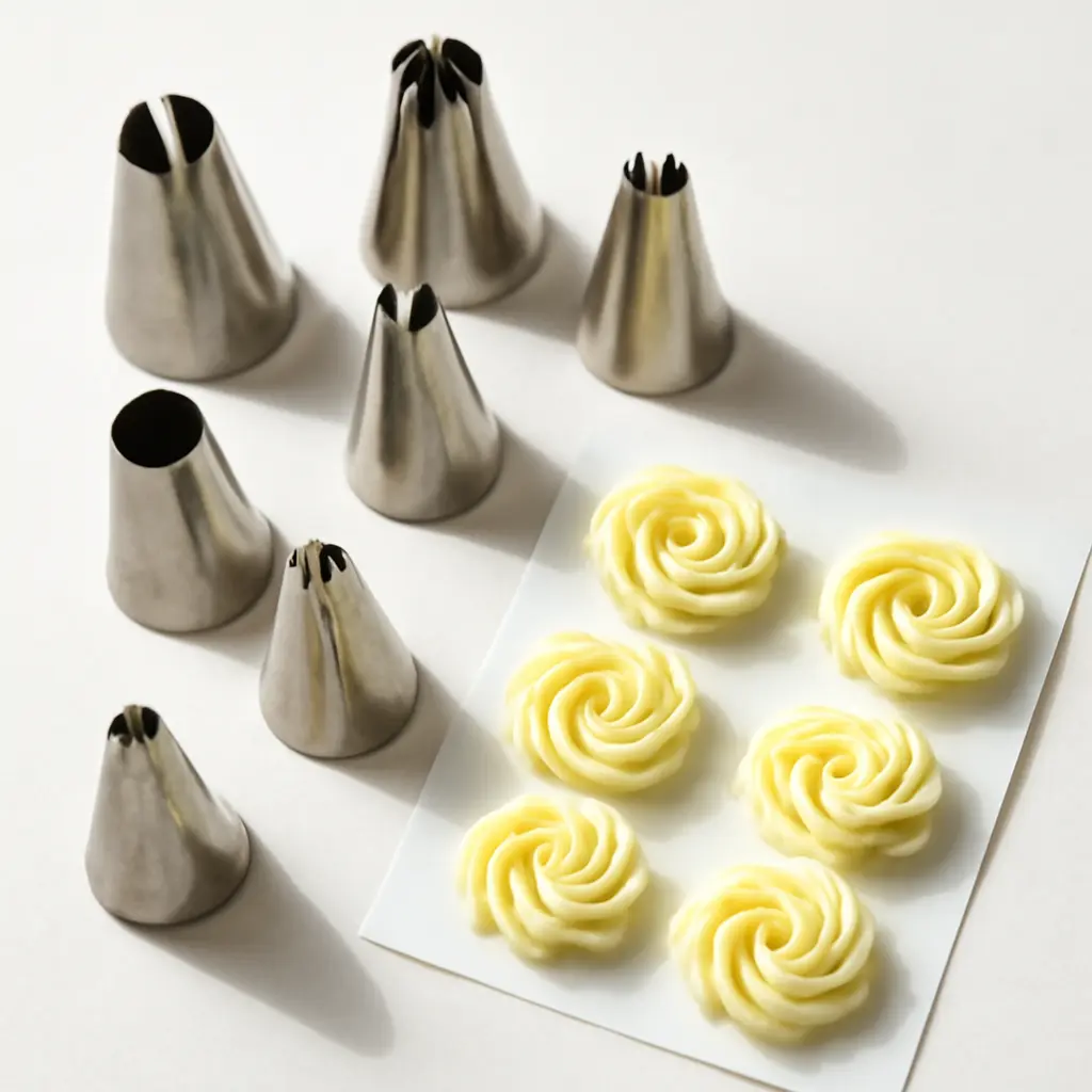 Various piping tips and a practice wafer with piped buttercream