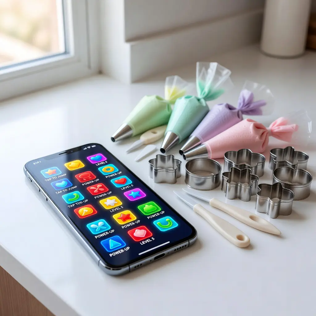 A smartphone displaying a vibrant mobile casino-style gaming interface resting on a kitchen counter alongside piping bags, fondant tools, and cake decorating supplies