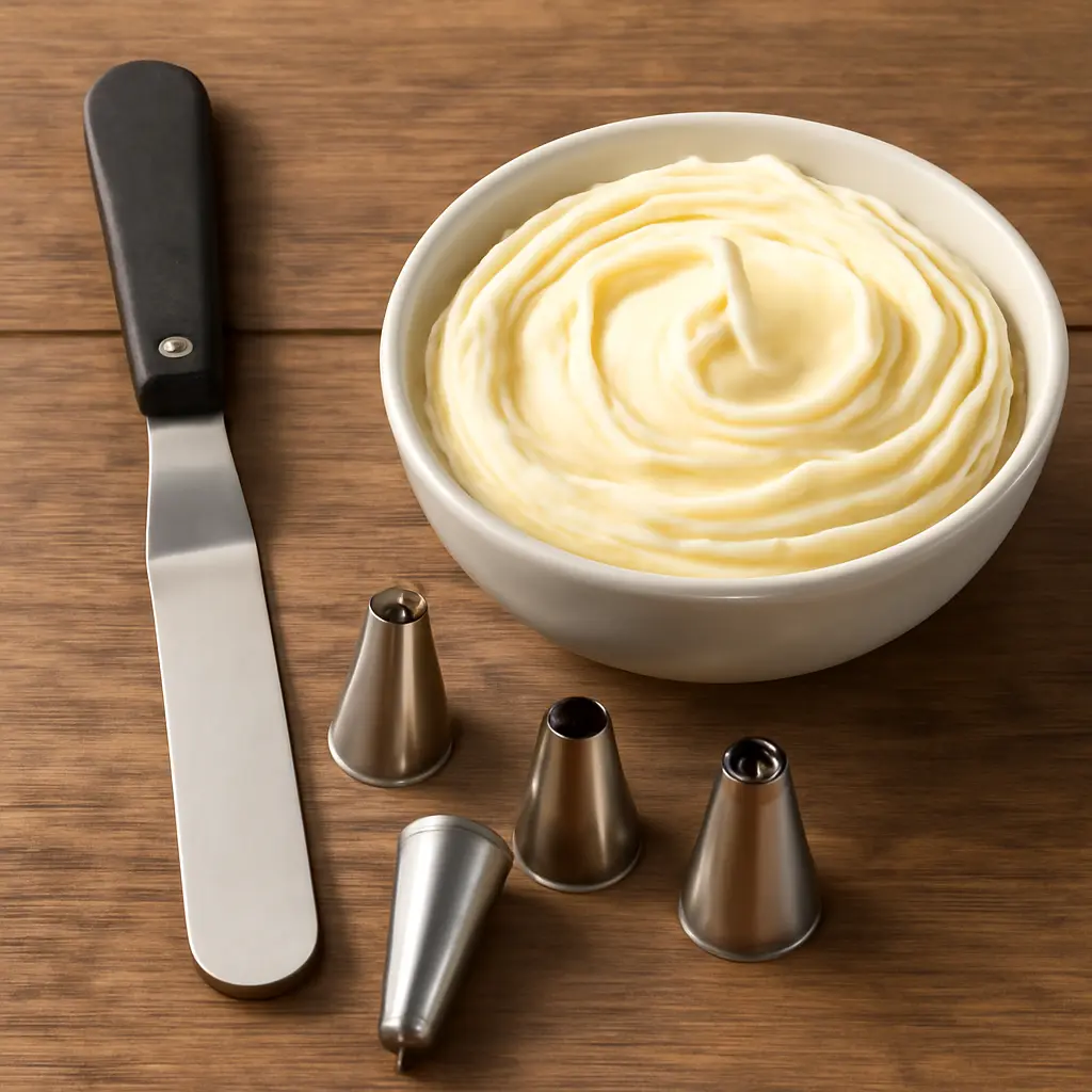 Tools for buttercream Baking tools: offset spatula, piping tips, bowl of buttercream