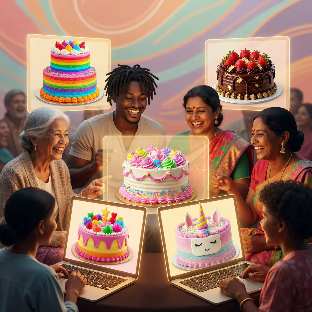 Diverse group of home bakers sharing colorful cake photos and engaging in a supportive online cake forum community